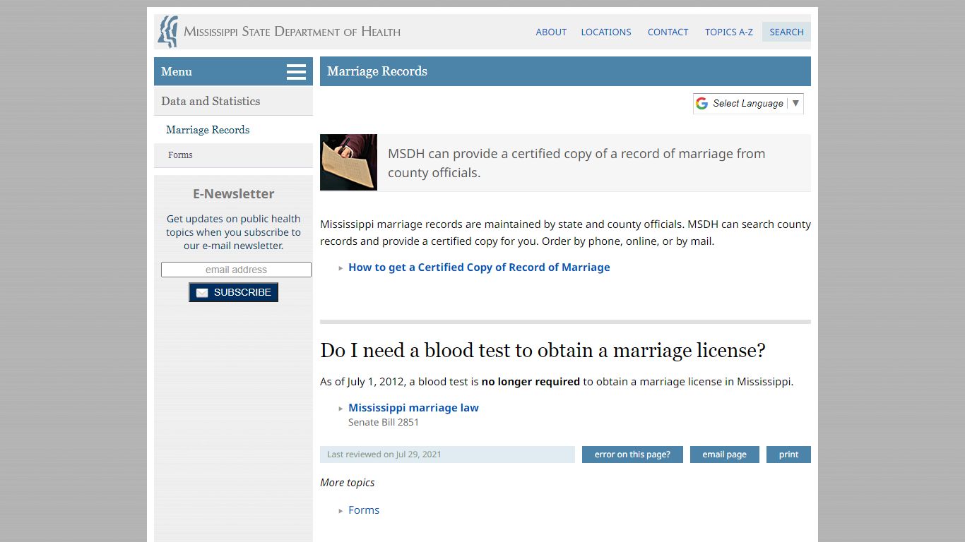 Marriage Records - Mississippi State Department of Health